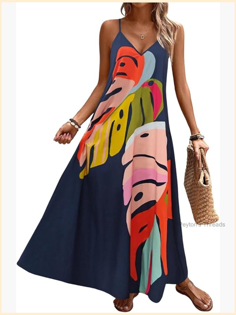 Sleeveless V Neck Oversized Maxi Dress Boho Graphic Flowy